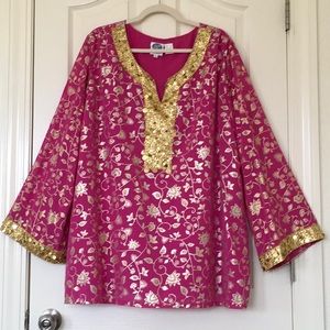 Diane Gillman 3X Woman’s Sequins Pink & Gold Blouse Long Sleeve Pullover
